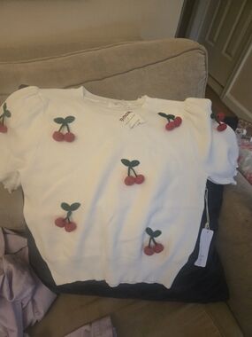 Cherry Embroidered White Crew Neck Sweater